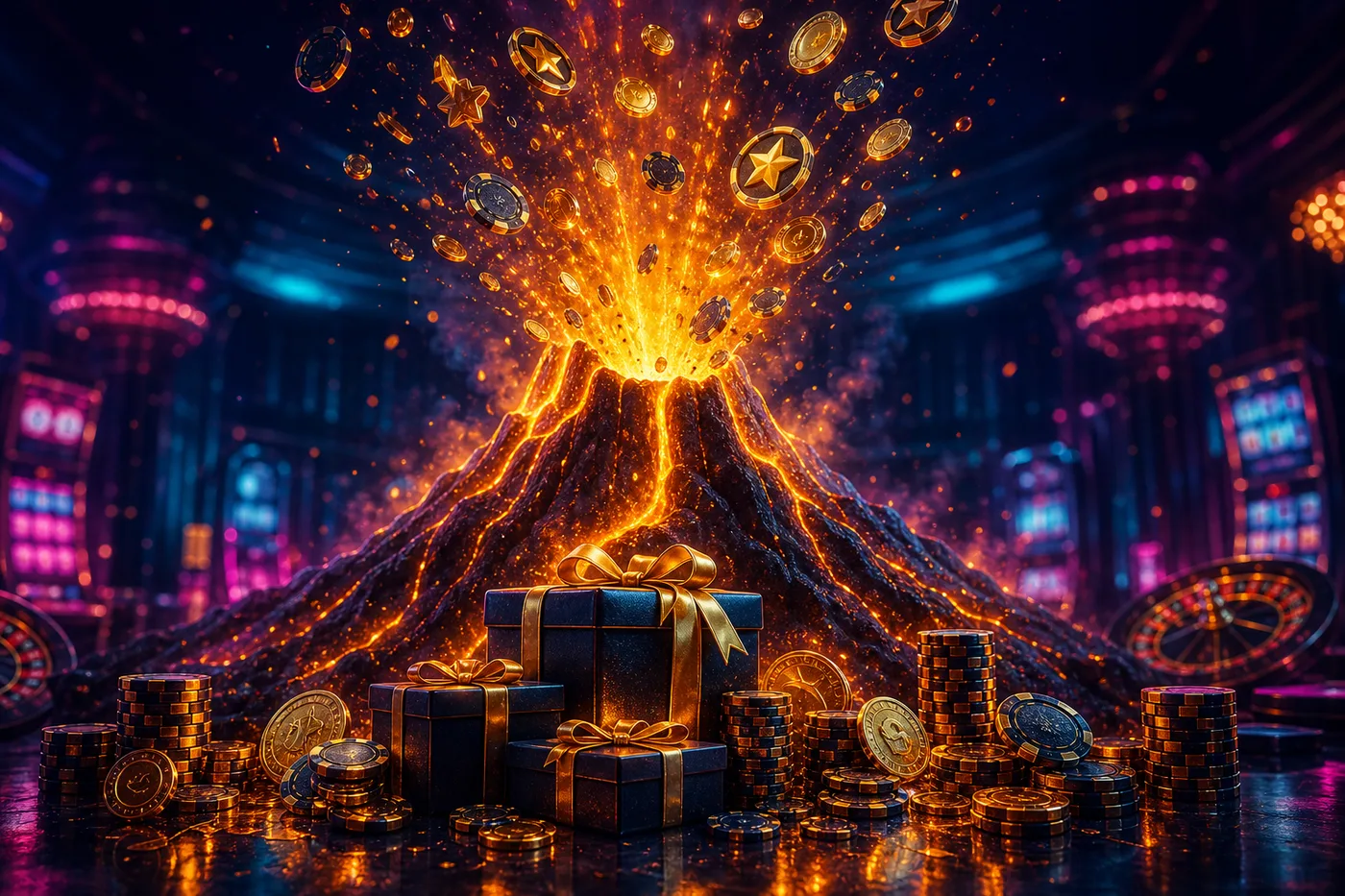 Złote monety i darmowe spiny na tle ognistego kasyna Vulkan Vegas
