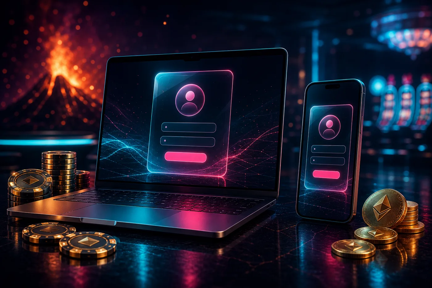 Formularz logowania do kasyna Vulkan Vegas na ekranie laptopa